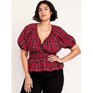 New V neck Puff Sleeve Top Womens Plus Size 2X Red Plaid Christmas Milkmaid